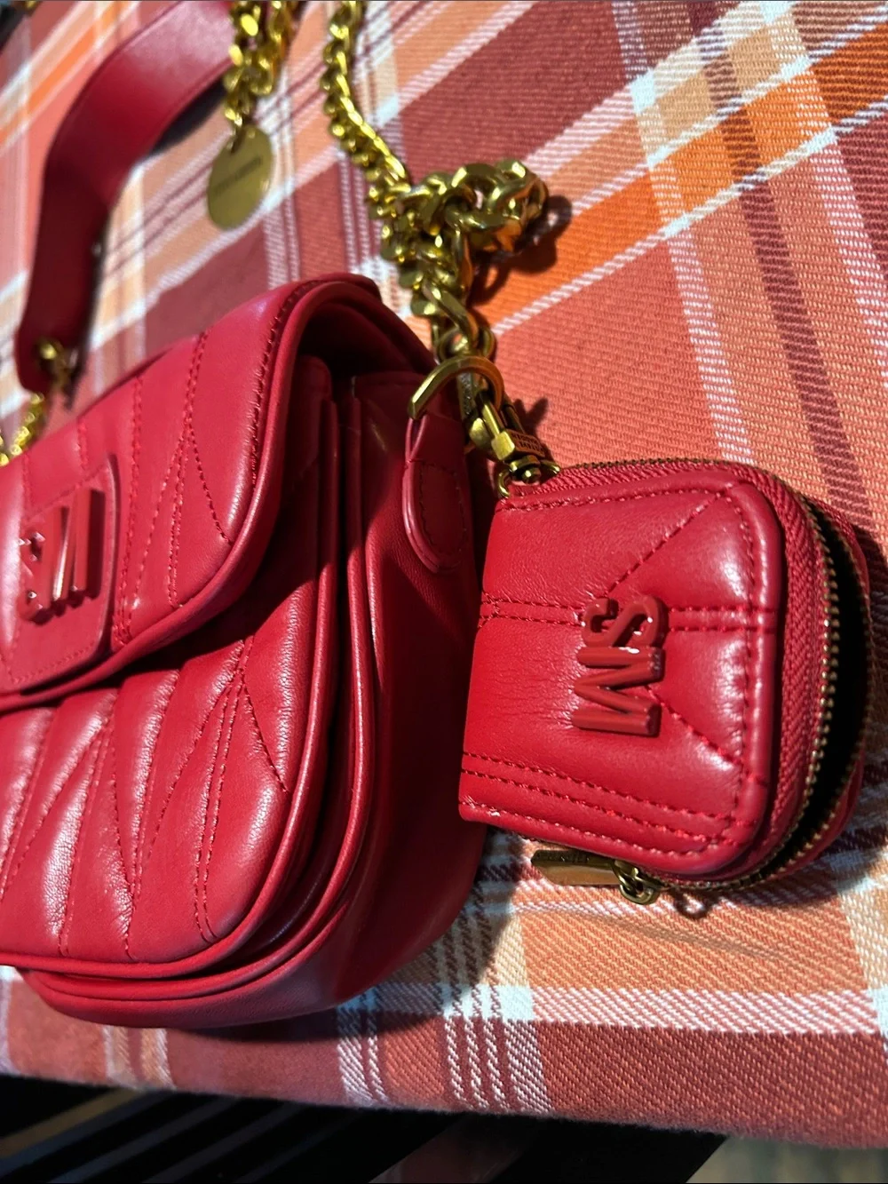 Steve Madden Red Quilted Crossbody Bag with Gold Chain Strap
